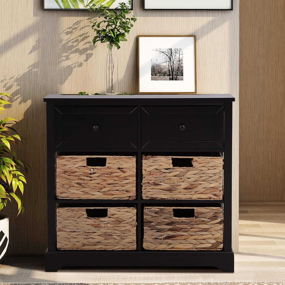 PHI VILLA Black Accent Cabinet with Rattan Basket, Storage Buffet Cabinet