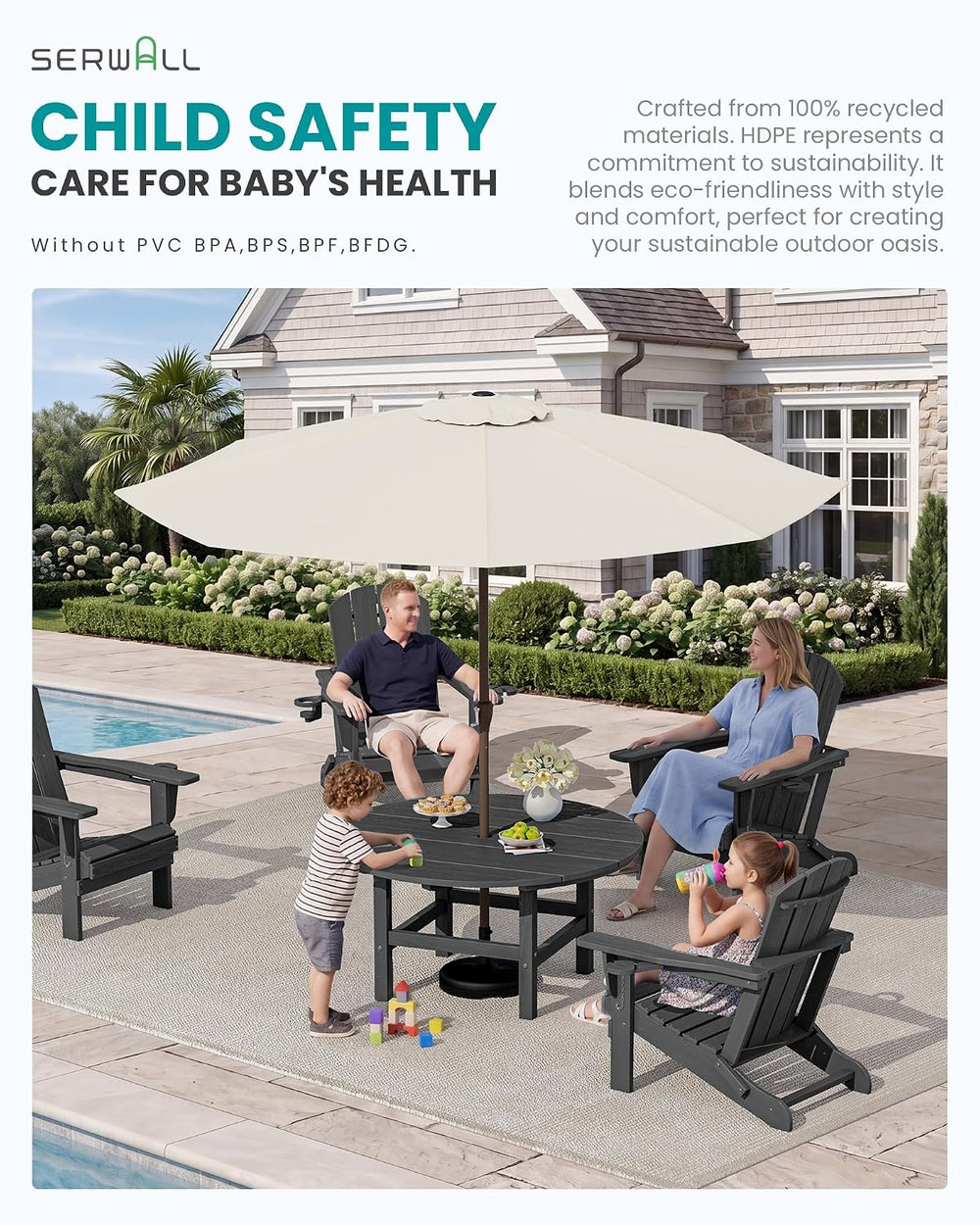 SERWALL 35.5'' Round Outdoor Coffee Table with Umbrella Hole,Grey