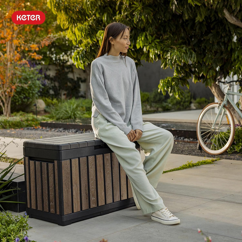 Keter Premium Everwood 50 Gal Outdoor Storage Box and Patio Side Table