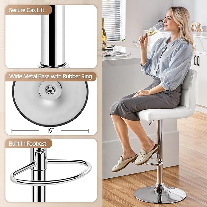 Yaheetech Single Bar Stool, PU Leather Adjustable Swivel Barstools, Armless Hydraulic Kitchen Counter Bar Stool, Kitchen Island Chairs, White