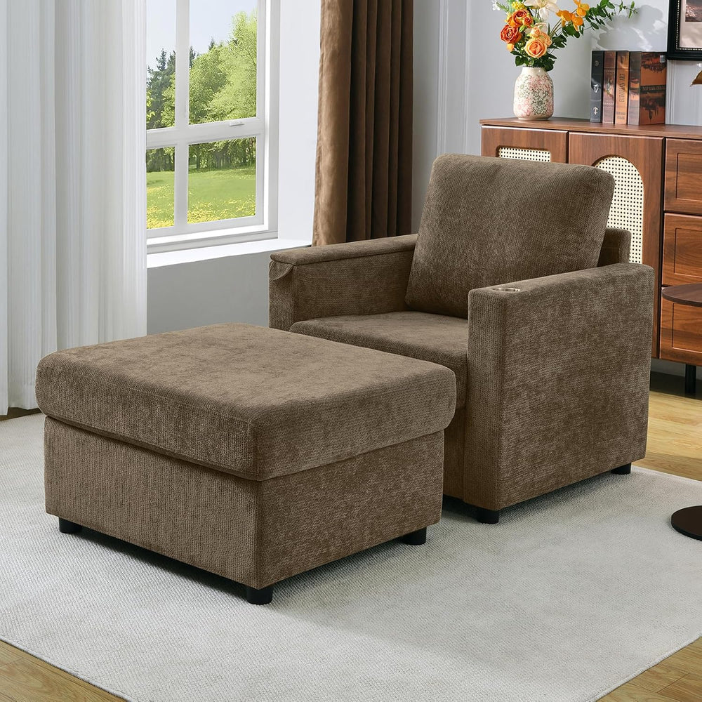 Rading Chairs with Storage Ottoman and Folding Tray Table, Brown