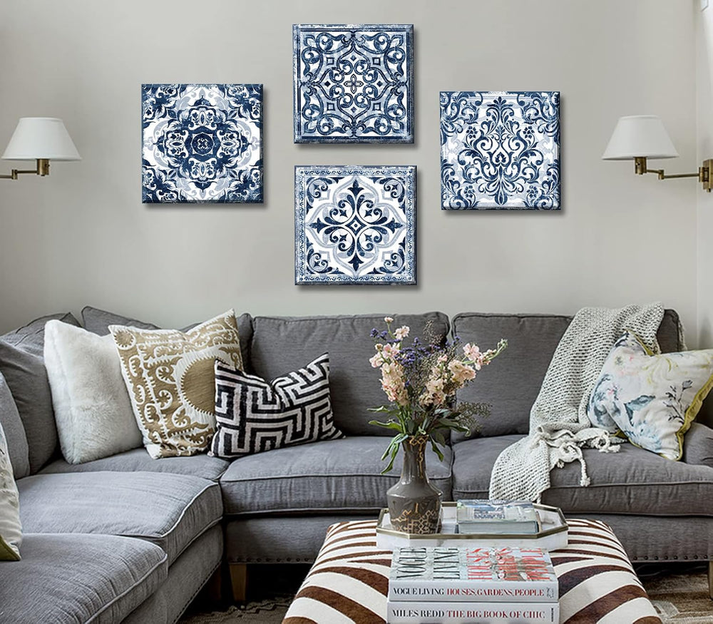 Bathroom Wall Decor Navy Blue Flower Paintings Canvas, 12"Wx12"Hx4 pcs