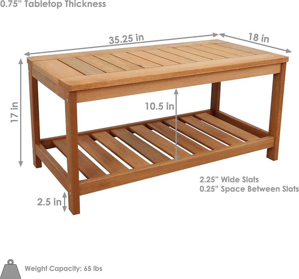 Sunnydaze Meranti Wood Patio Coffee Table with Storage, 35” W, Rectangular