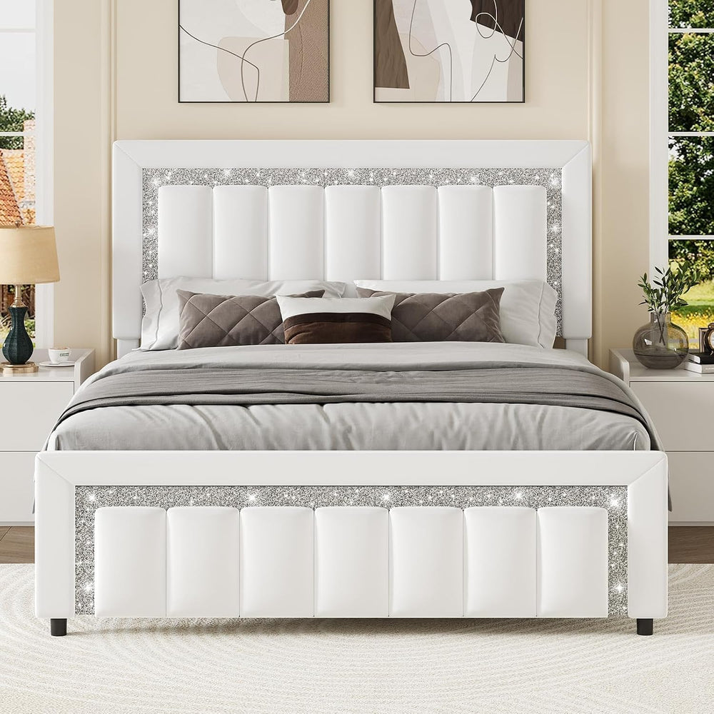 HOMBCK Full Size Bed Frame with Velvet Upholstered Headboard, White