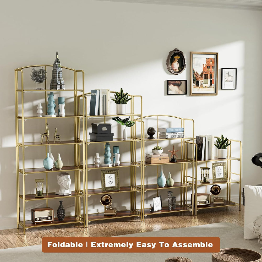 Crofy 4-Tier Wider Foldable Bookshelf, Gold Frame & Walnut Shelves