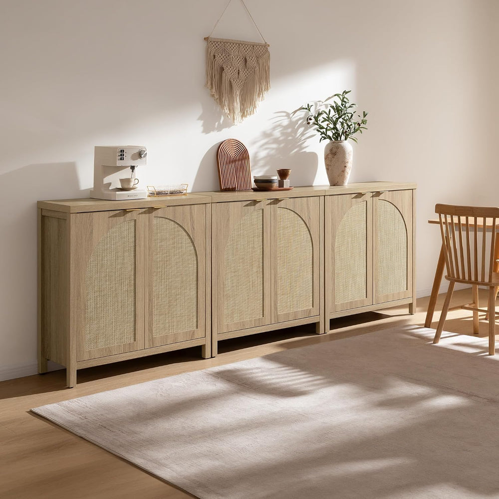 SICOTAS 102" Rattan Sideboard Buffet Cabinet with Storage Credenza Set of 3