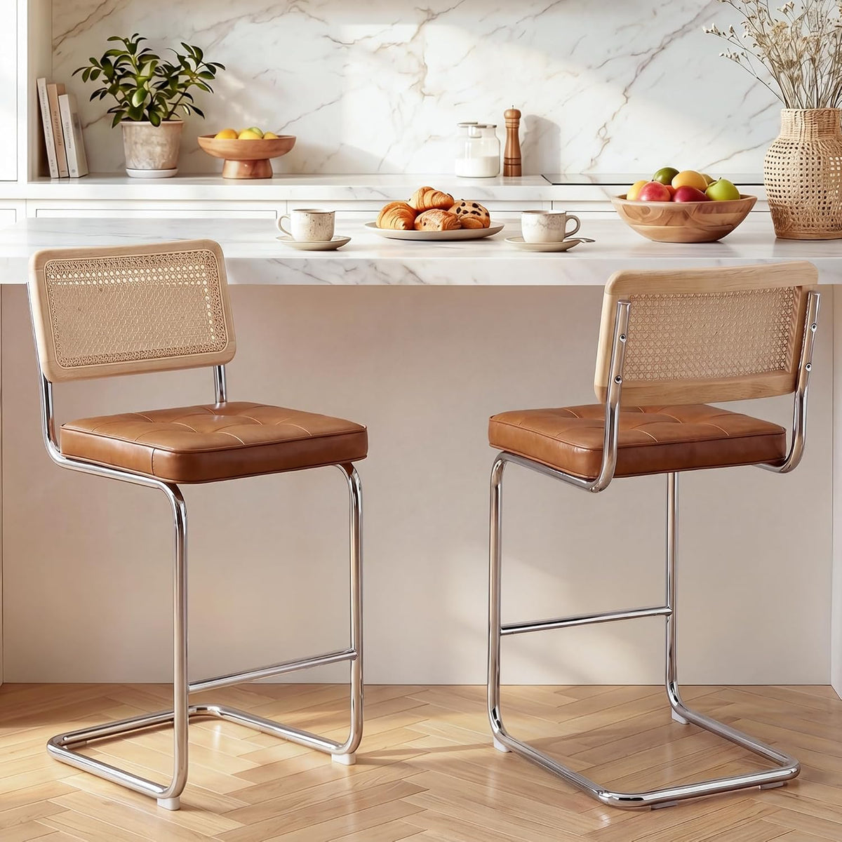 Zesthouse Natural Rattan Counter Stools Set of 3, 26" Modern Boho Barstools