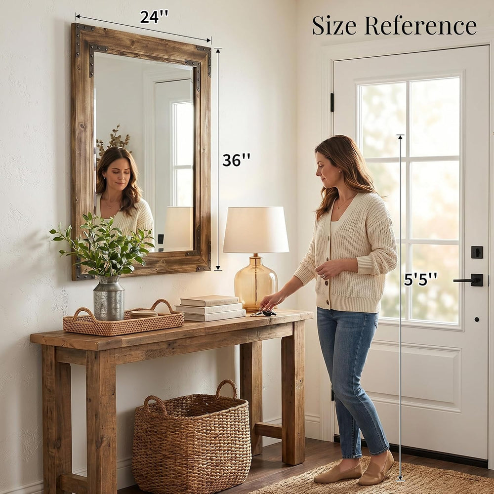 Rustic Brown 24x36 Inch Wood Bathroom Vanity Mirror, Rivets