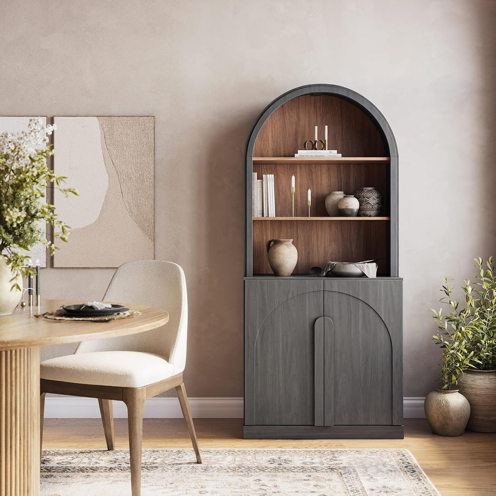 BELLEZE 71" Tall Storage Cabinet with Arched Hutch, Wooden Sideboard Buf...