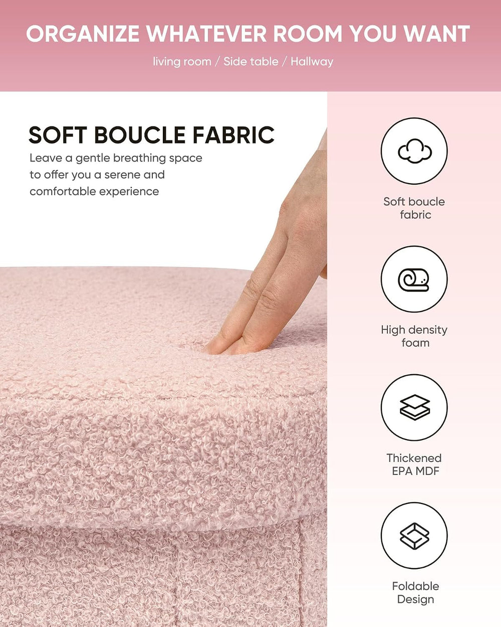 B FSOBEIIALEO 16.14" Boucle Storage Ottoman Cube for Dorm Room, Pink