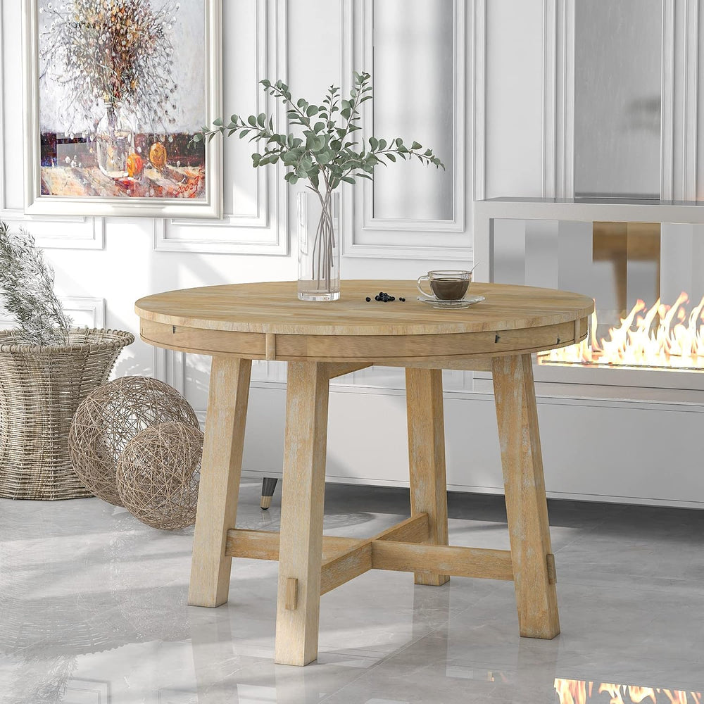 Farmhouse Round Extendable Dining Table with 16" Leaf Wood Kitchen Table