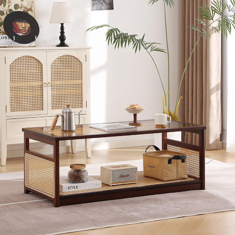 Welnow Rattan Coffee Table, 2-Tier Mid Century Modern Coffee Table, Walnut