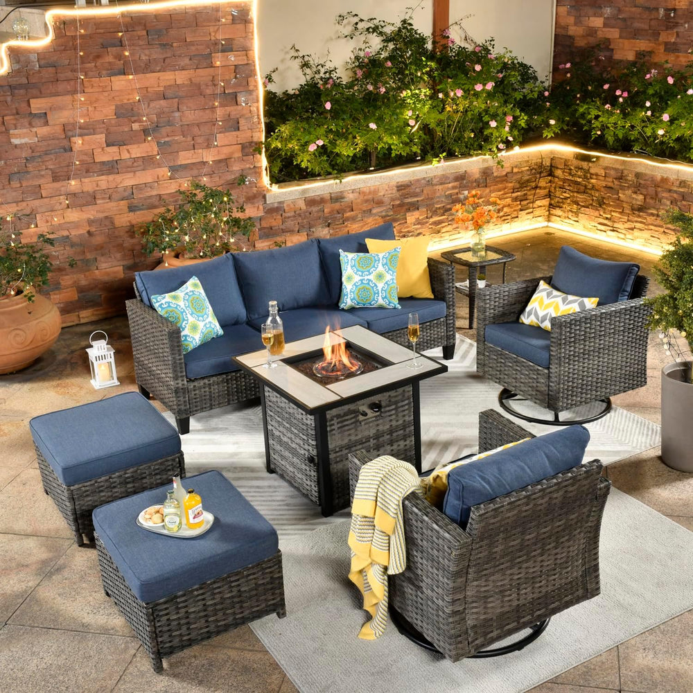 ovios 7 Pieces Patio Furniture Set with Square Fire Pit Table, Swivel Rocking...