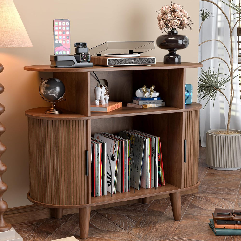 LUVIOHOME Large Round Record Player Stand with Charging Station & USB Ports