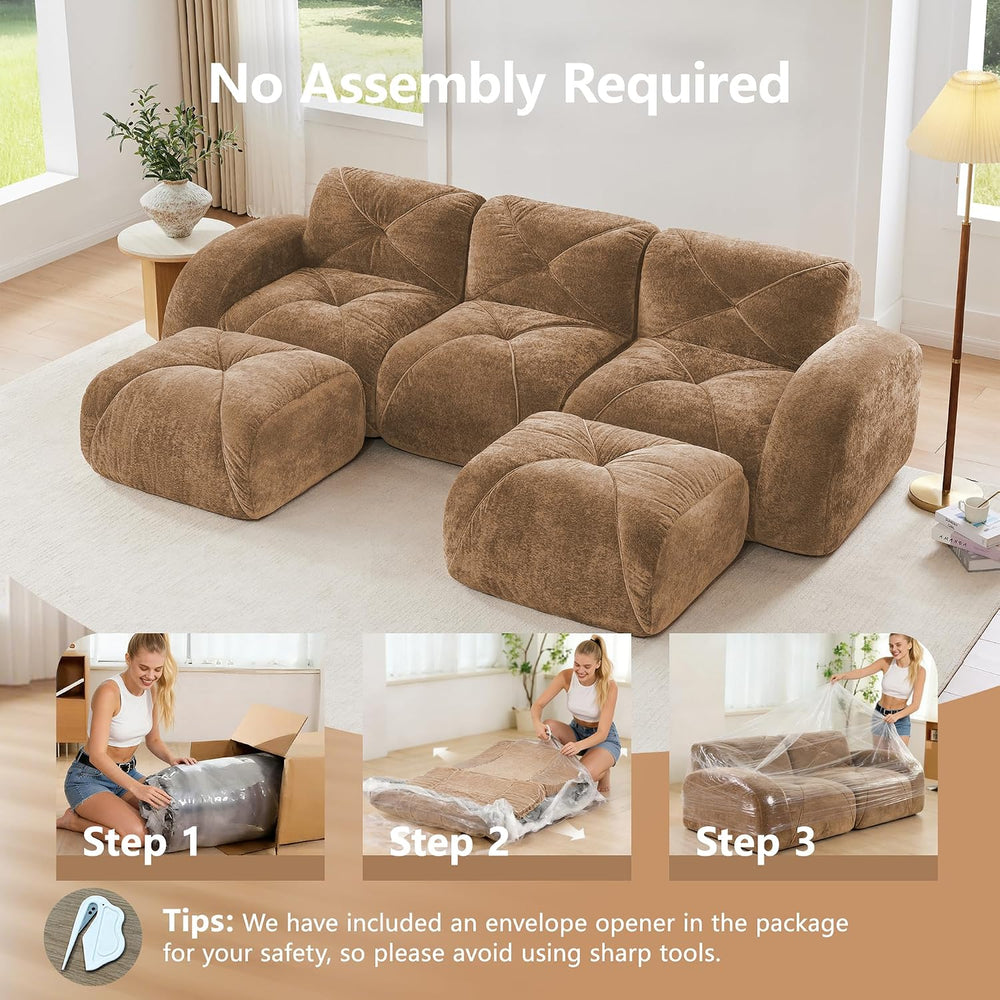 110" Sectional Modular Cloud Couch, Boneless Couch, U-Shape Camel