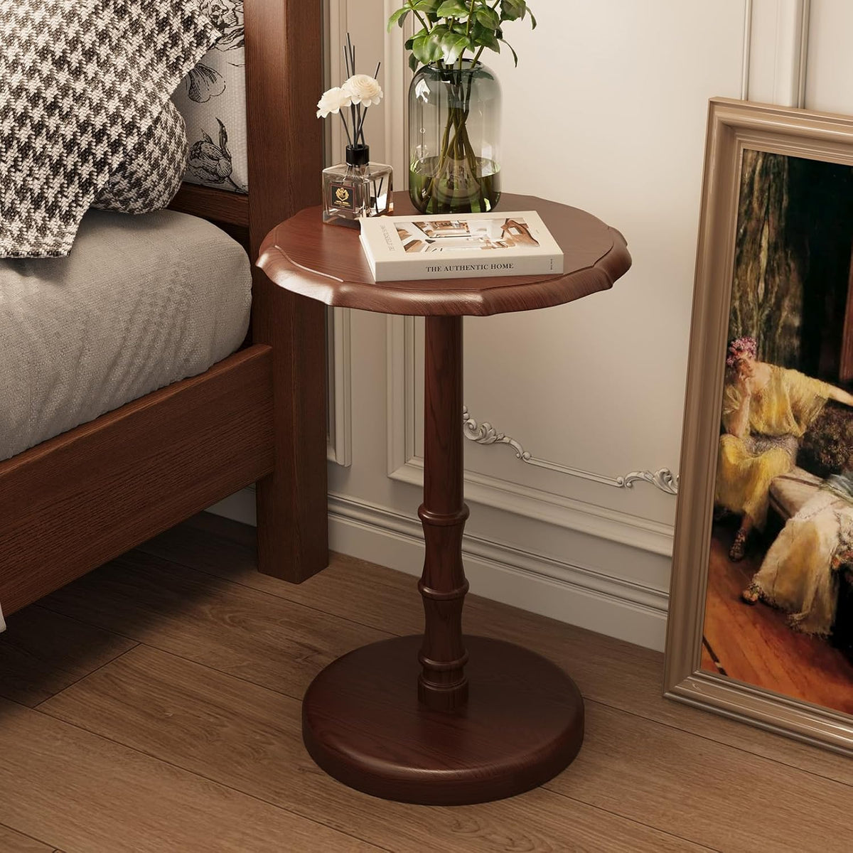 Vintage Pedestal Side Table, 100% Solid Wood Round End Table, Walnut | Small Accent Drink Tables, Portable Nightstand, for Couch, Living Room, Bedroom, Mid-Century Modern, 5-Min Tool-Free Assembly