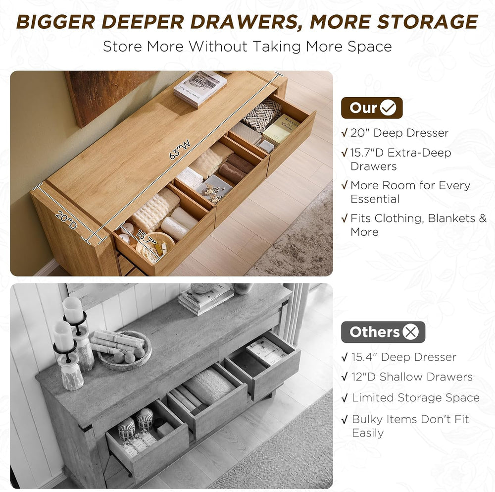 OKD 63" Modern 9 Drawer Dresser for Bedroom, 20" Depth for More Sto...