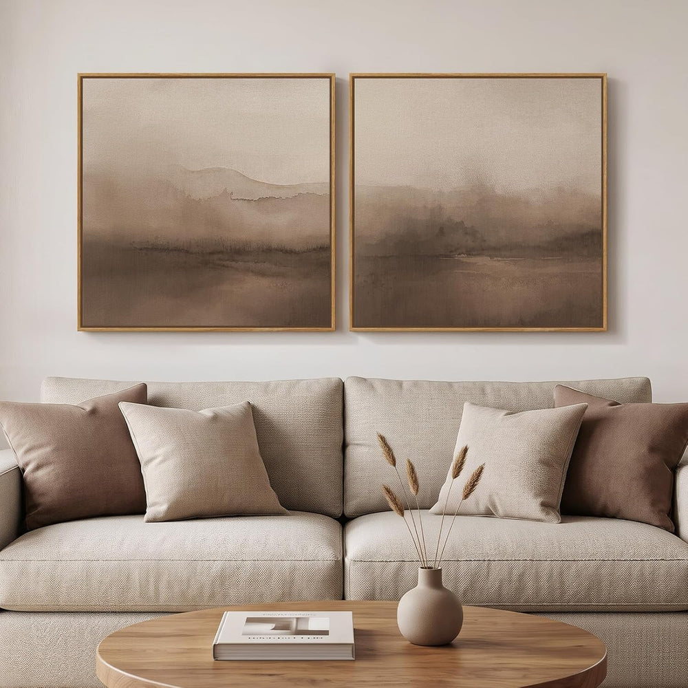 Framed Brown Abstract Landscape Wall Art Set of 2, Neutral Canvas Prints