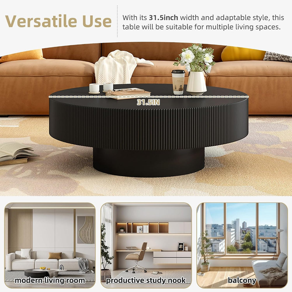 Merax Modern 31 Inch Fluted Round Coffee Table with Sturdy Base, Black