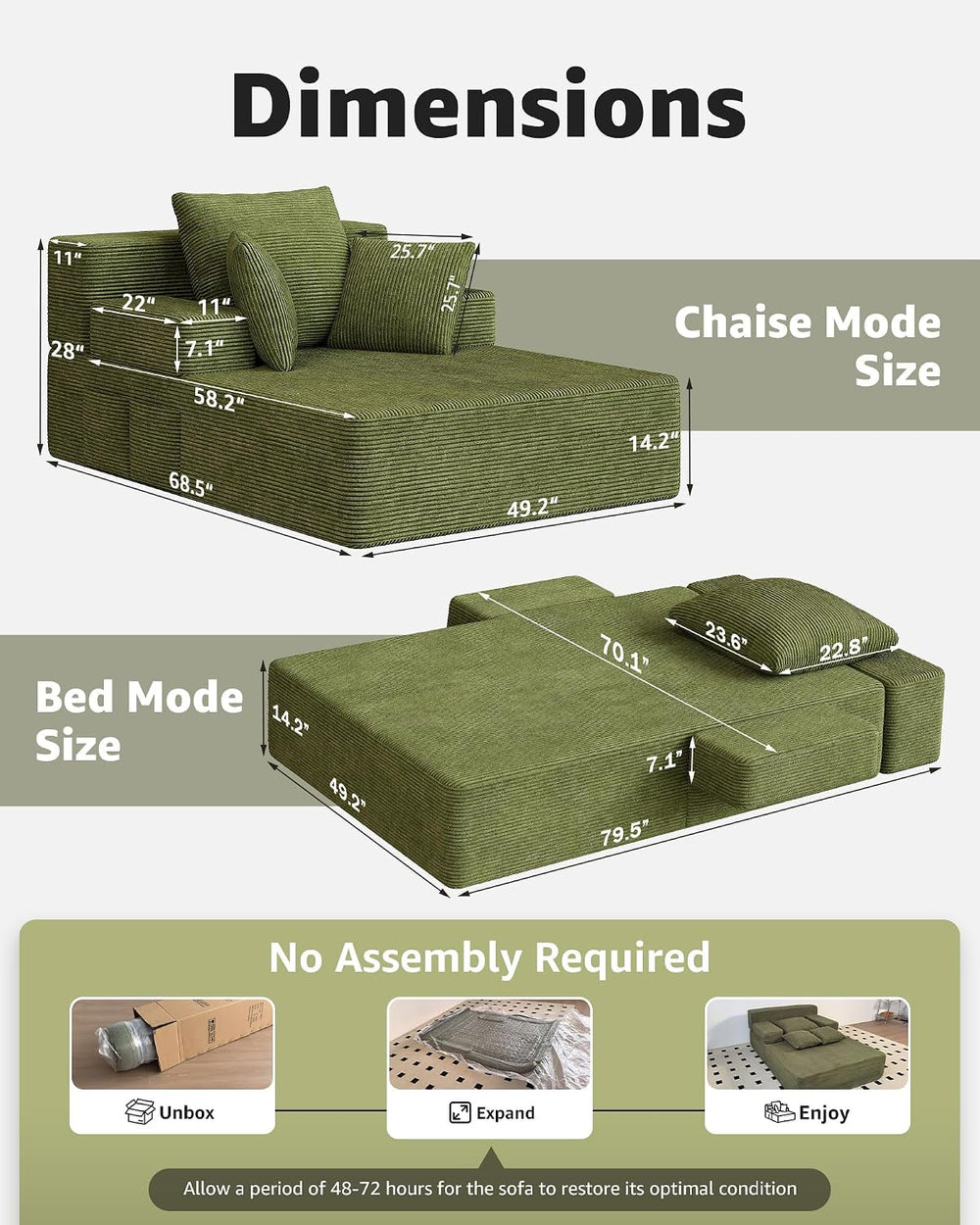 79.5" Oversized Boneless Chaise Lounge, Chaise Lounge Chair Indoor, Green