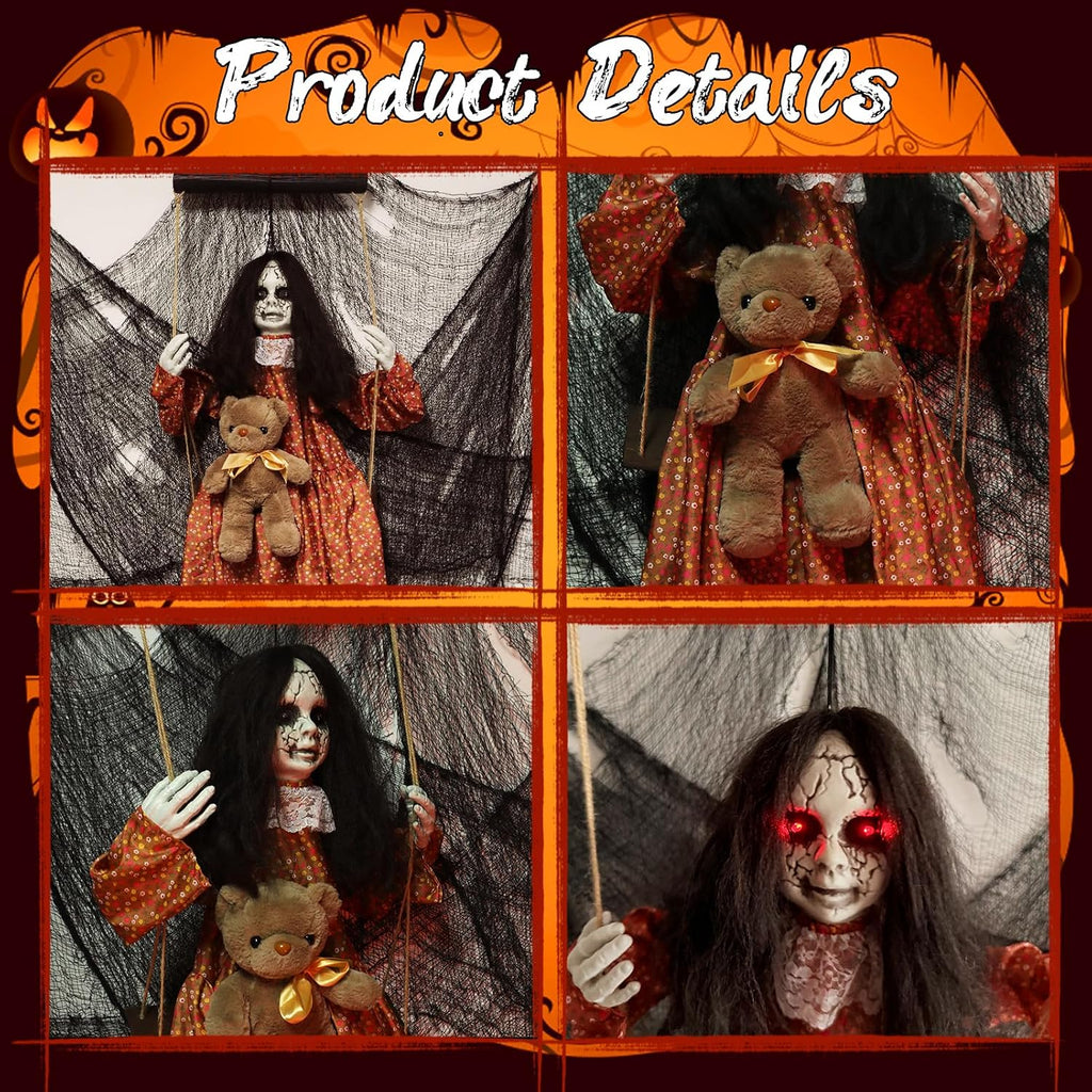 Scary Halloween Decorations Outdoor, Halloween Hanging Swinging Girl Ghots Decor with Creepy Sound and Light Up Eyes Sound, Creepy Props for Yard Trees Graveyard Haunted House Indoor Outside
