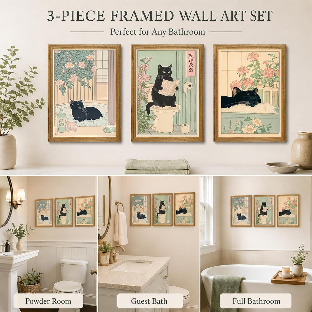 KISSFOX Framed Japanese Bathroom Wall Art Funny Cat Spa Pictures Wall Decor