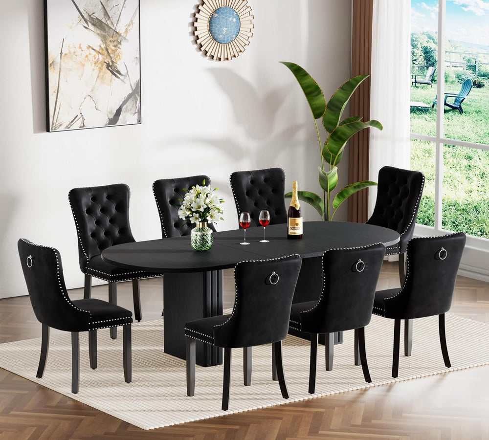 63"-79" Extendable Dining Table Set with 8 Black Chairs, 9 Piece Ov...