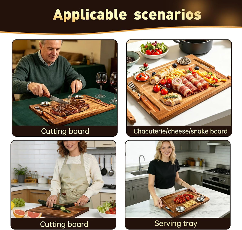 Acacia Wooden Steak Plate Board Set with Knife Fork & Sauce Cups 2 Set Pack