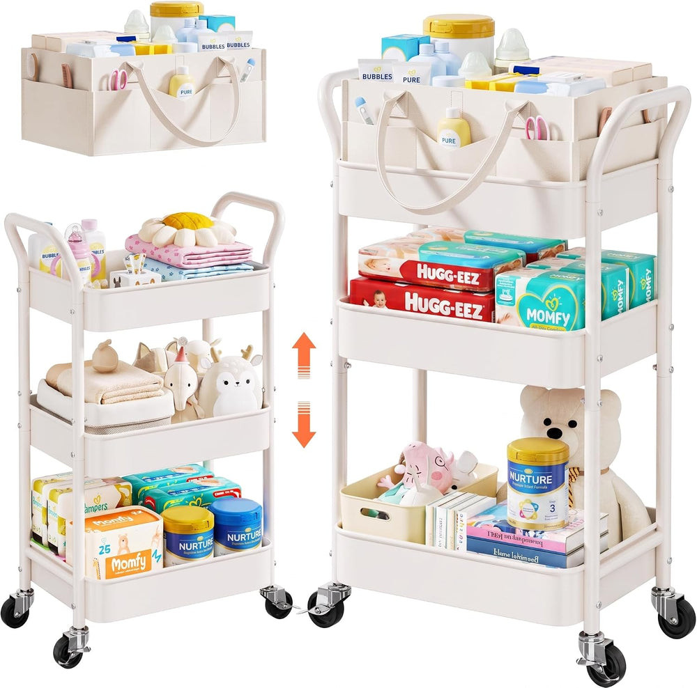 White 3 Tier Rolling Diaper Caddy Cart with Wheels,3in1 Detachable Dividers