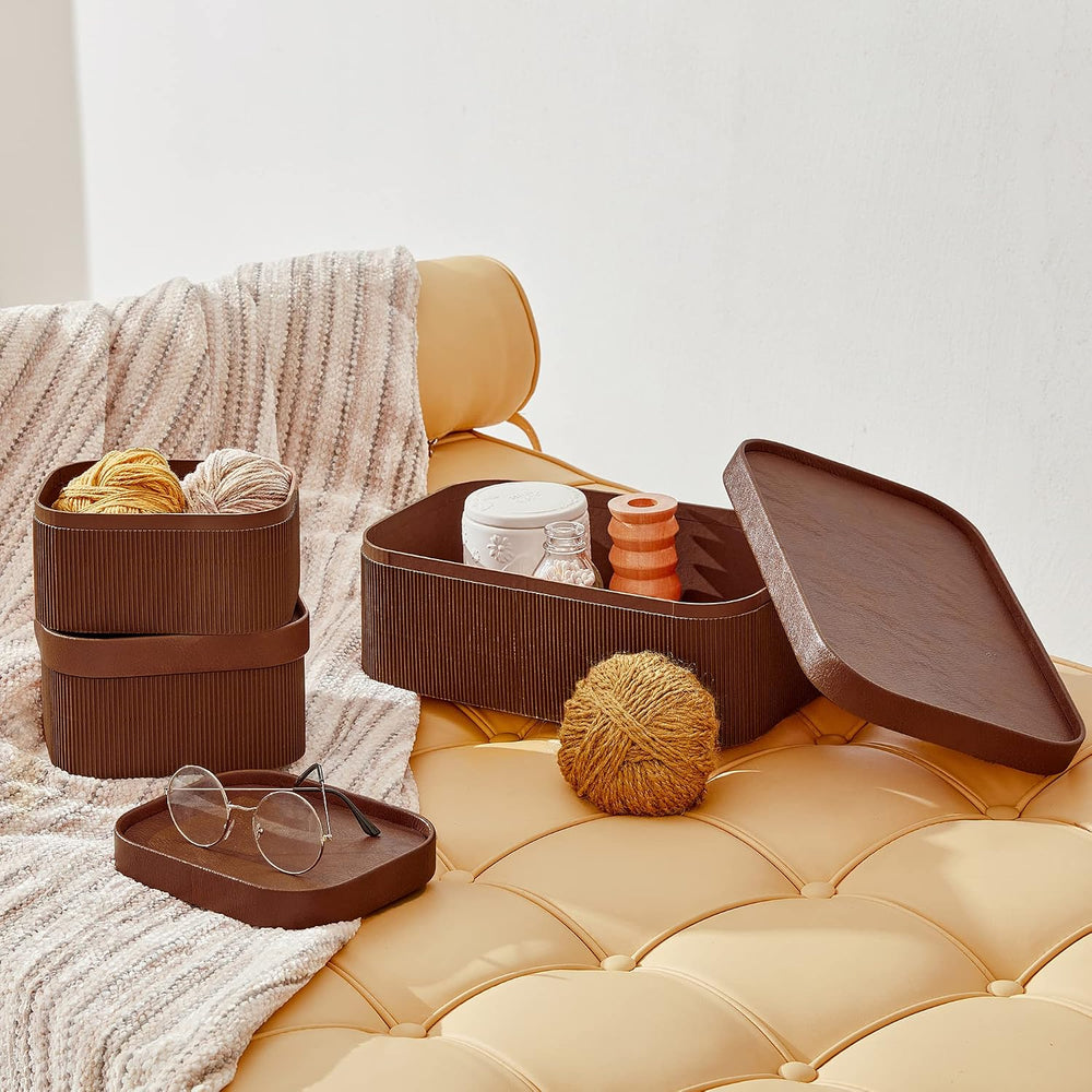 LA JOLIE MUSE Decorative Storage Boxes with Lids Faux Leather, Brown 3 Pack