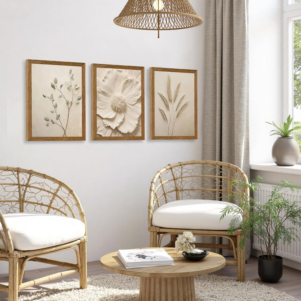 JLTULT Beige Floral Wall Art Set of 3, Solid Wood Frames, 12 x 16 in Each