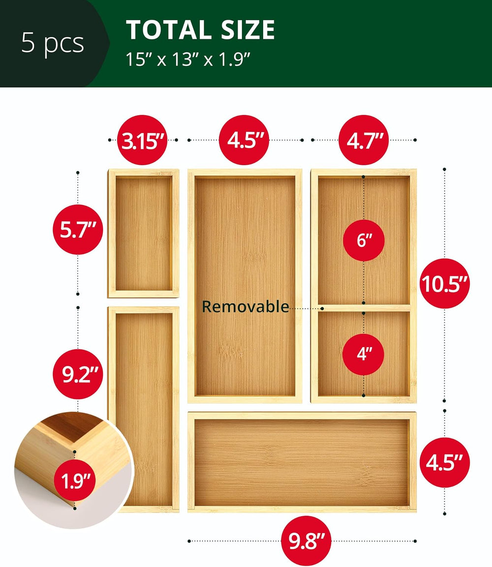 ROYAL CRAFT WOOD 5-Piece Bamboo Drawer Organizer Set – Multi-Use Storage Tray...
