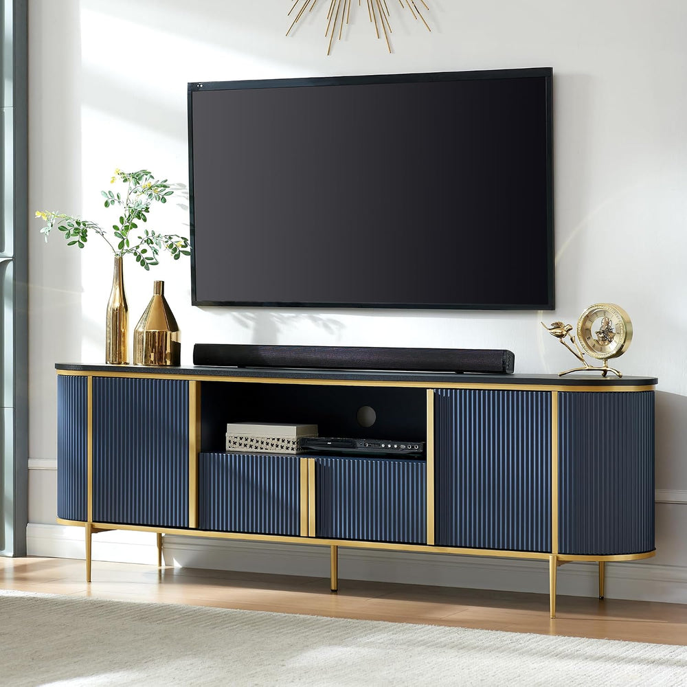OKD 70" Fluted TV Stand with Storage, Faux Marble Top Entertainment Cent...