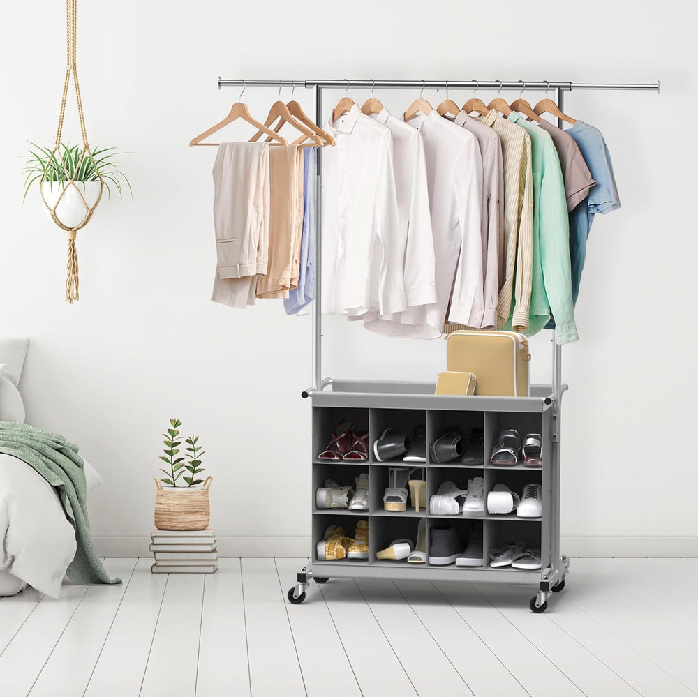 Simple Houseware Garment Rack w/Extensible Hanging Rod & 12 Cubes, Grey