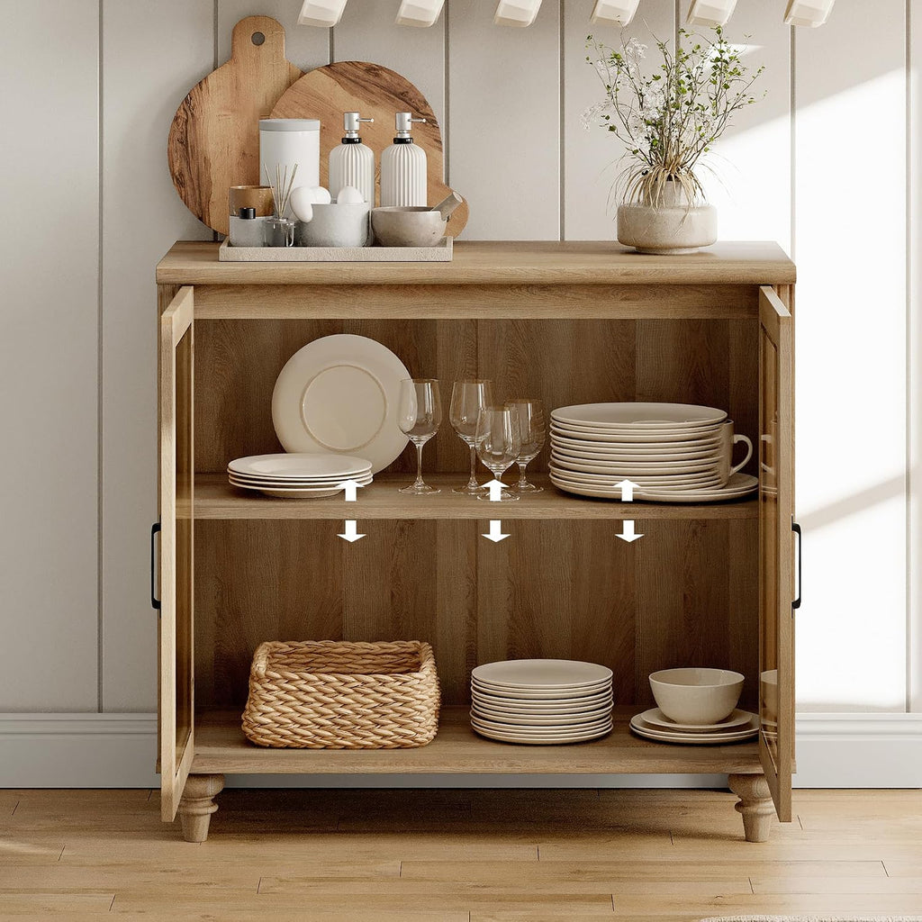 WAMPAT Buffet Cabinet with 2 Glass Doors&Adjustable Shelf, Oak