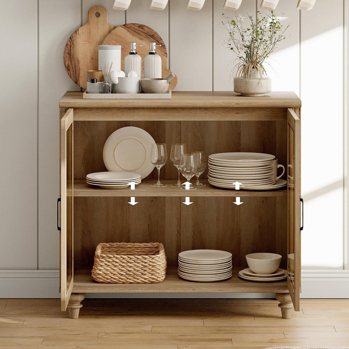 WAMPAT Buffet Cabinet with 2 Glass Doors&Adjustable Shelf, Oak
