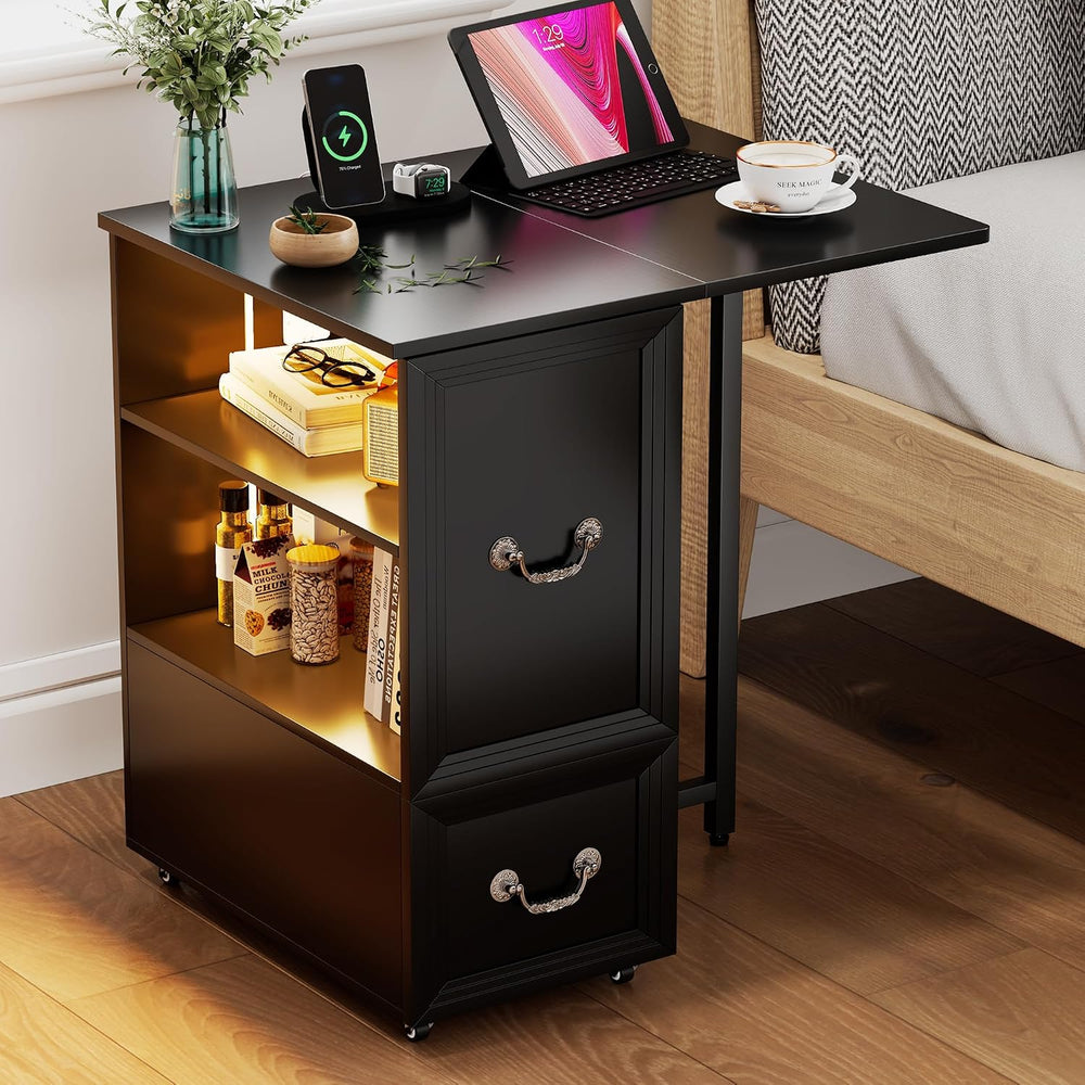 Lareth Rolling Side Table with Wheels, Led Lights & Charging Station
