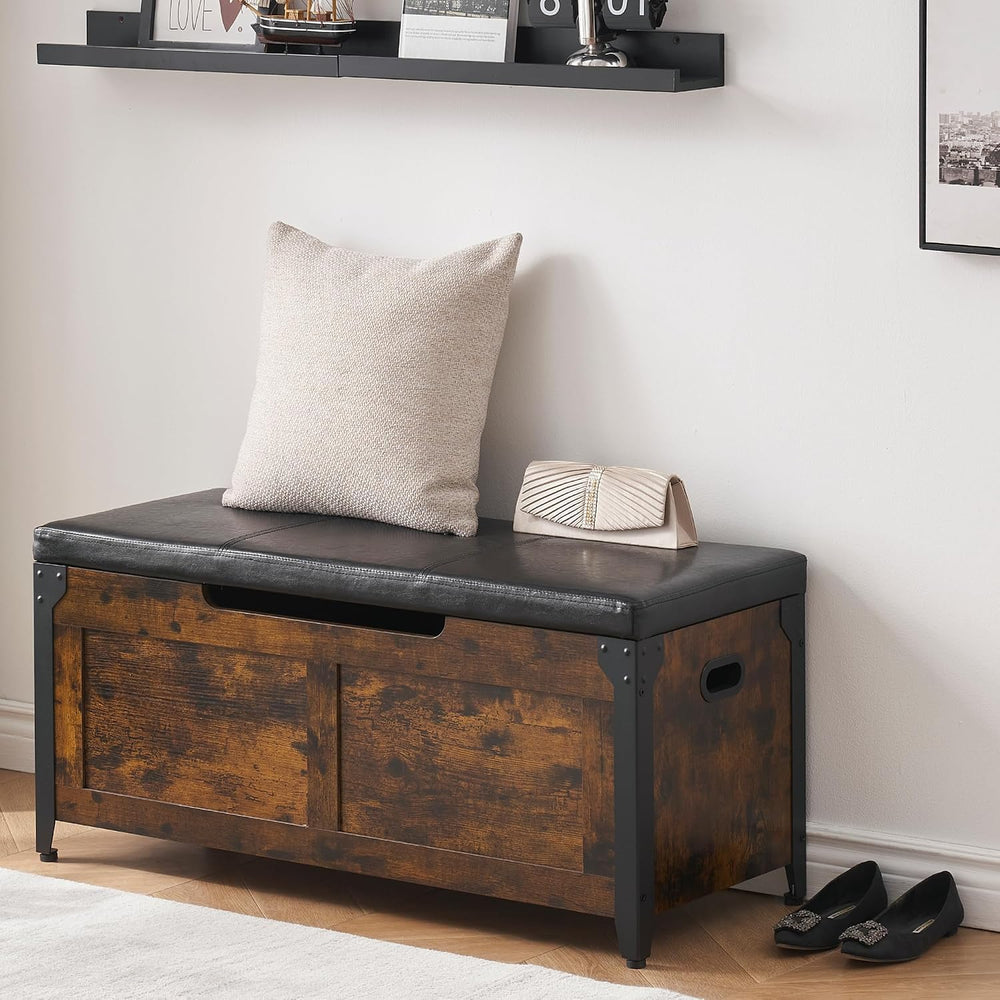 IDEALHOUSE 39.4" Storage Bench with 2 Safety Hinges, Rustic Brown
