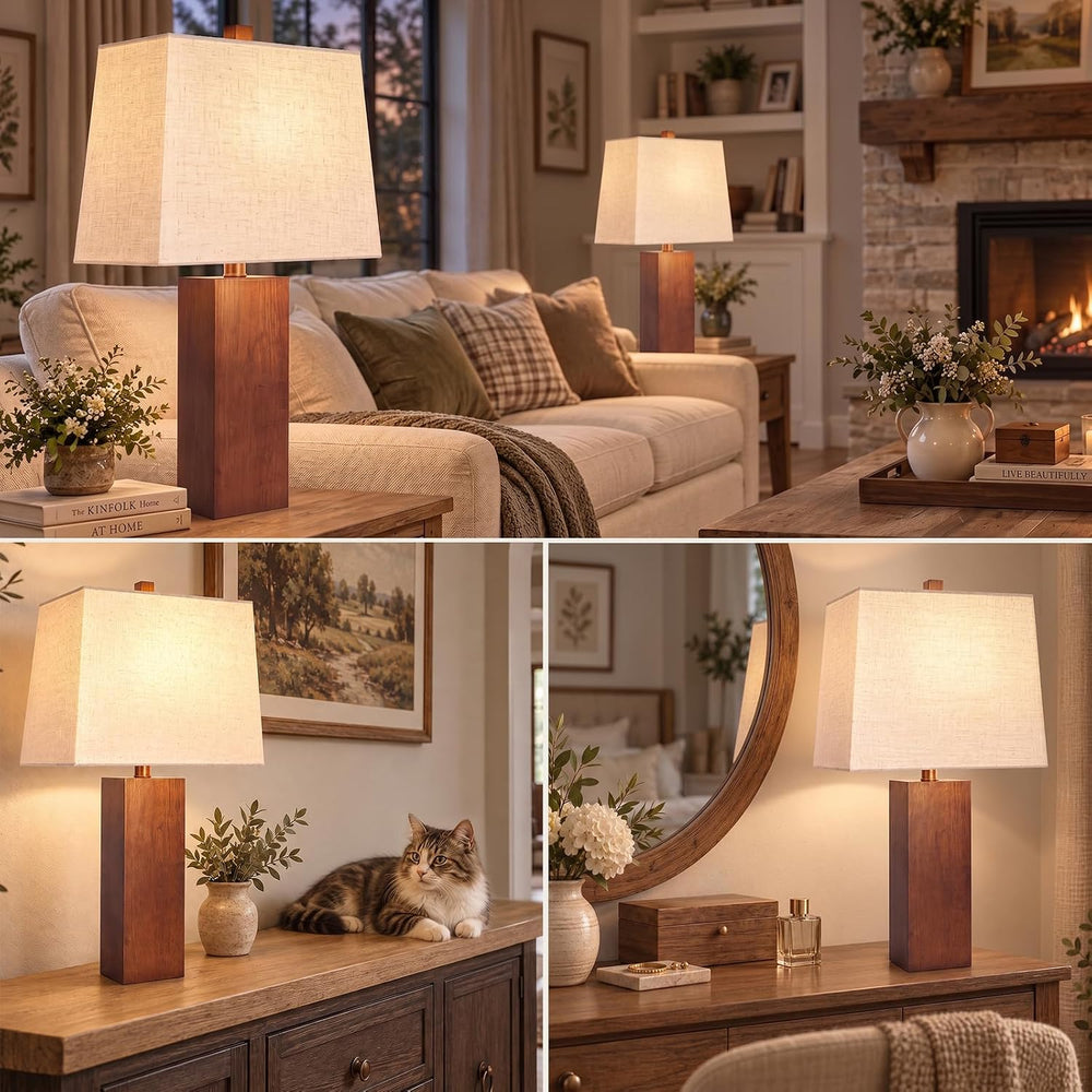 23" Solid Wood Table Lamp Set of 2 for Living Room, 3-Way Dimmable Bulb