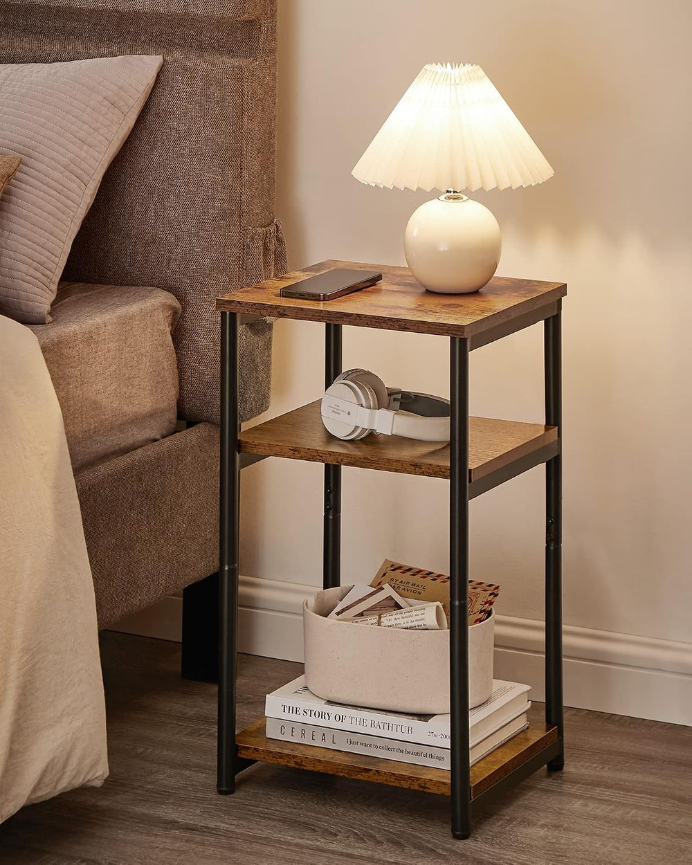 VASAGLE Side Table, Small End Table, Tall Nightstand, Steel Frame