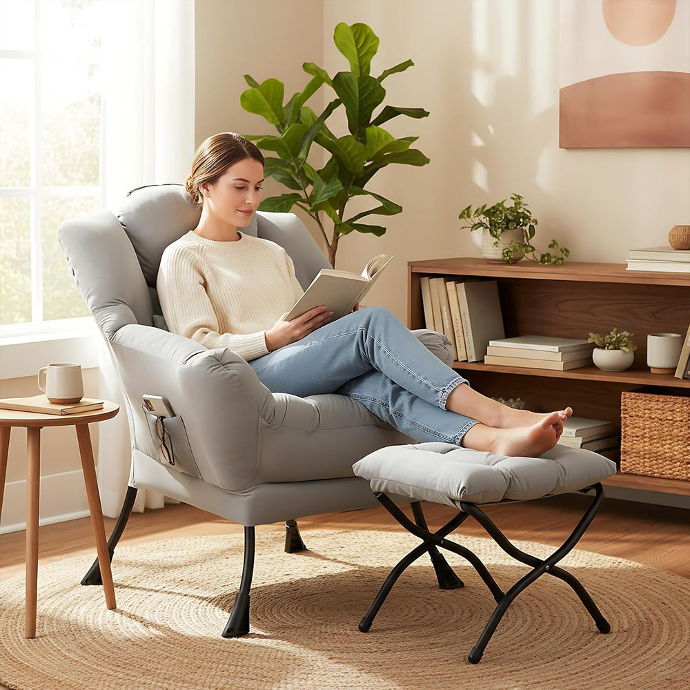 Furlide Lazy Chair with Ottoman, Modern Lounge Chair with Lumbar Pillow, Acce...