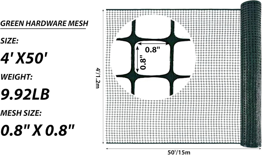 PotatoLife Green Plastic Garden Fence, Hardware Mesh, 4' x 50'