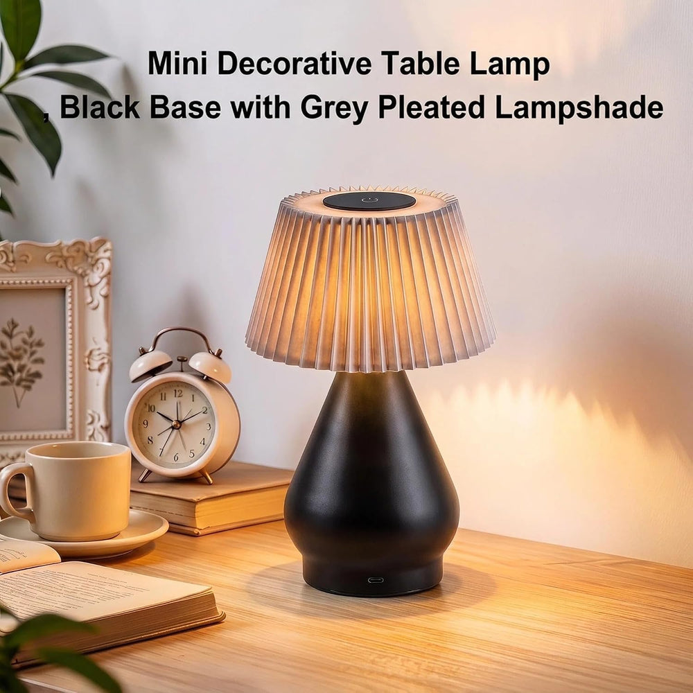 Cordless Rechargeable Small Black Bedside Touch Table Lamp,Pleated Shade