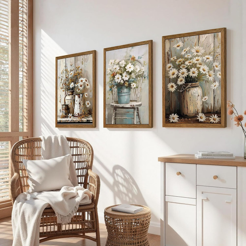DUWQU Triptych Rustic Farmhouse Daisy Framed Canvas Wall Art 12x16 inch x3