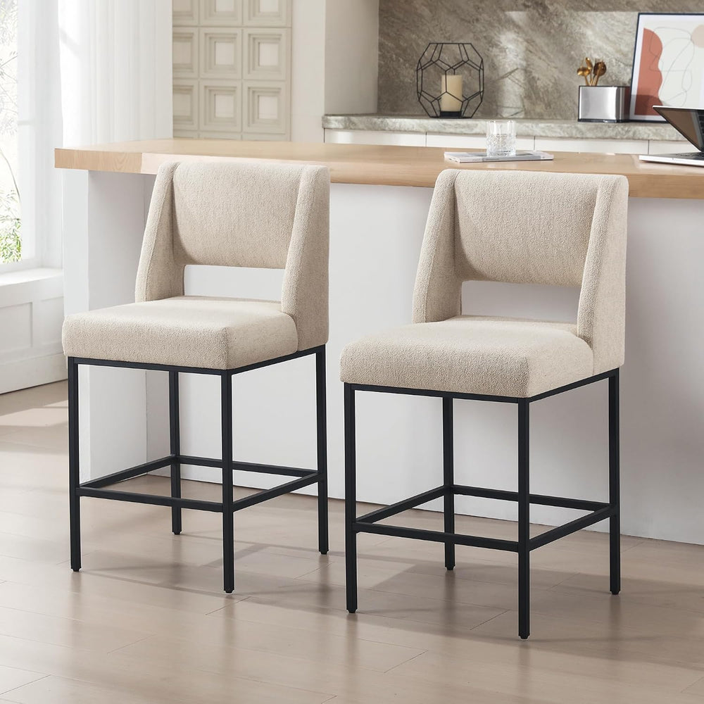 Upholstered Counter Height Stools, Beige Linen Bar Stools with Metal Legs and...