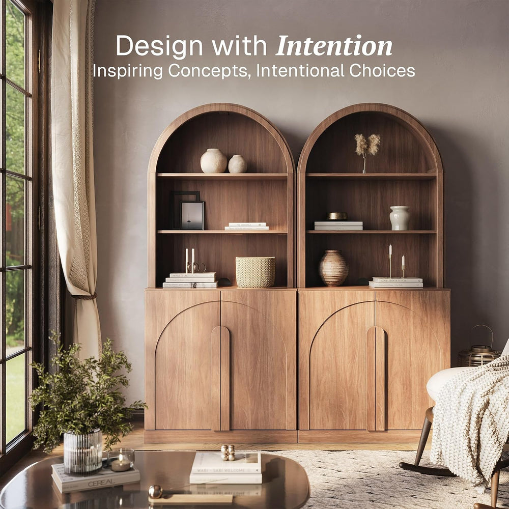 BELLEZE Set of 2 71"Tall Storage Cabinet with Arched Hutch, Wooden Sideb...