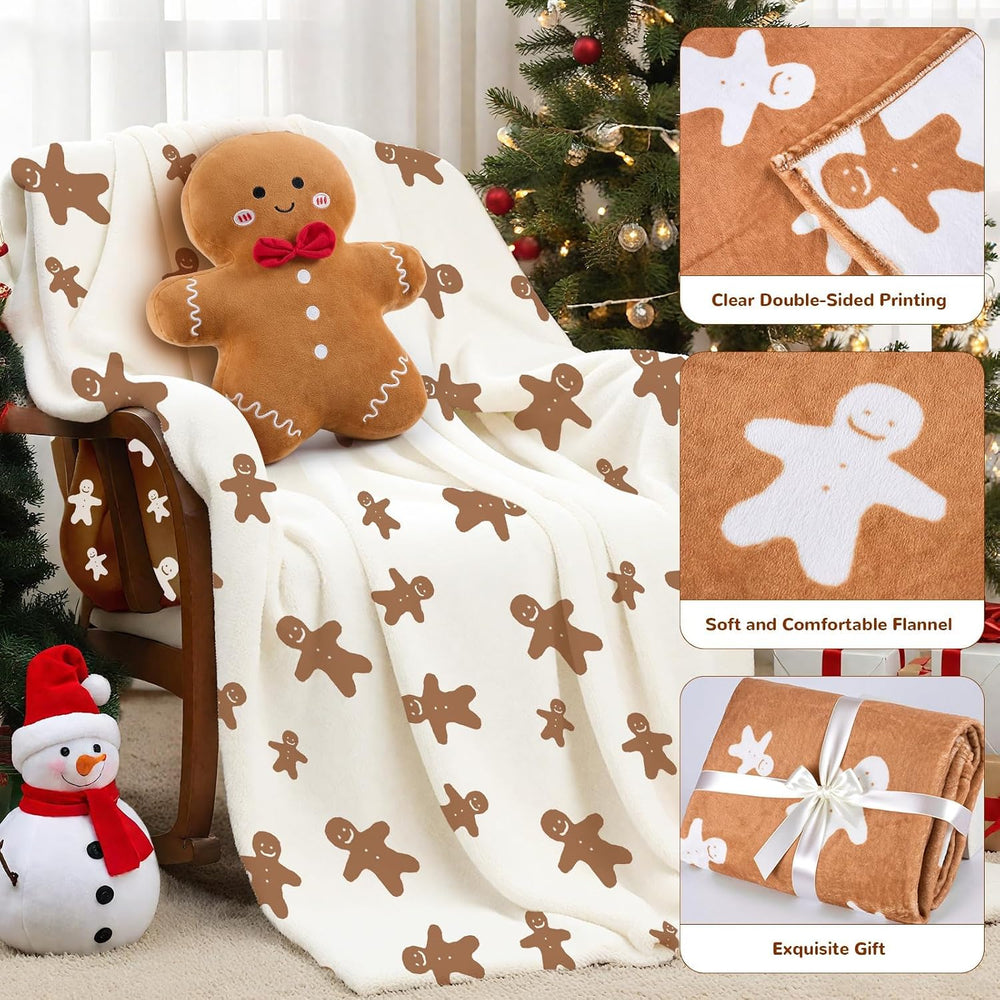 2pcs Gingerbread Man Christmas Throw Blanket and Pillow Set