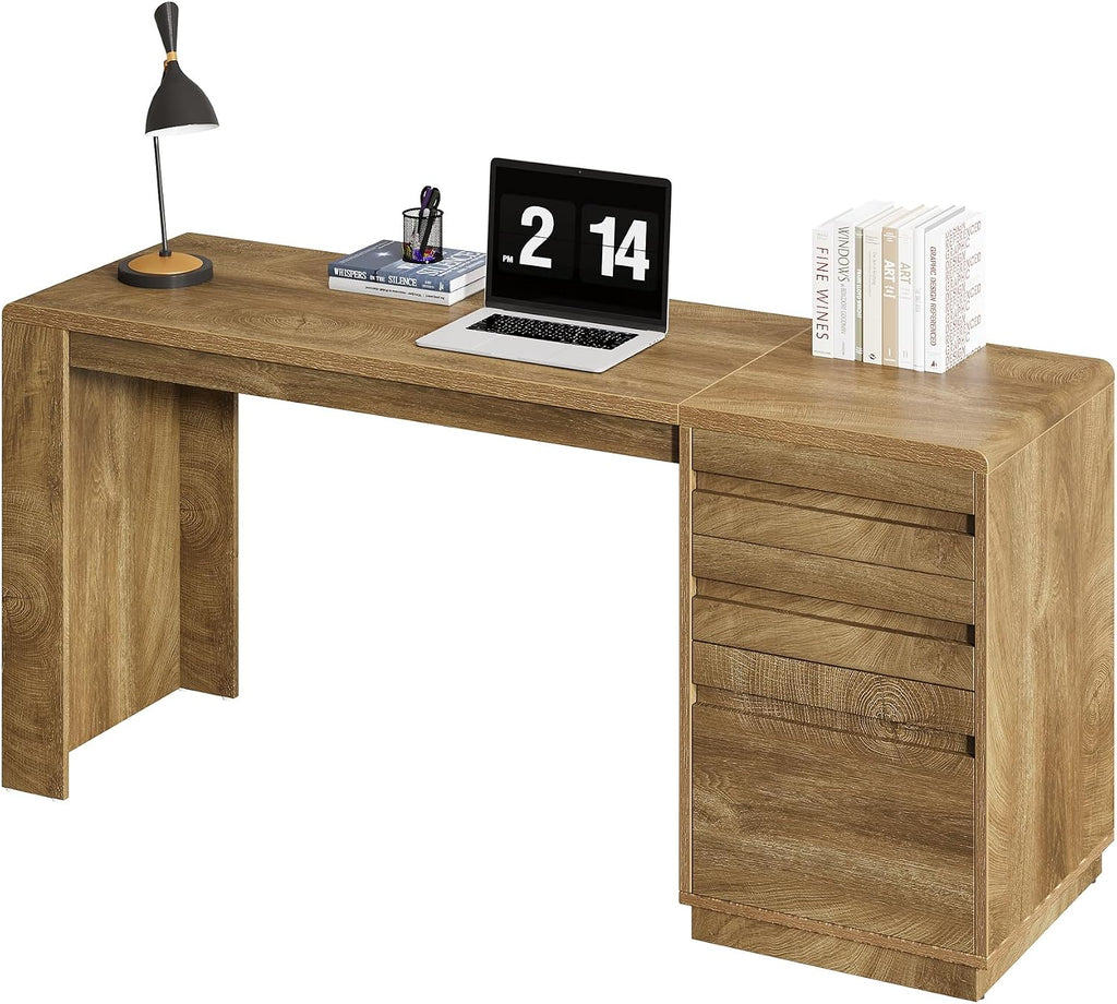 Tribesigns 55-Inch Computer Desk with 3 Drawers, Farmhouse Home Office Desk with Adjustable File Cabinet, Study Table Office Workstation, Walnut Brown