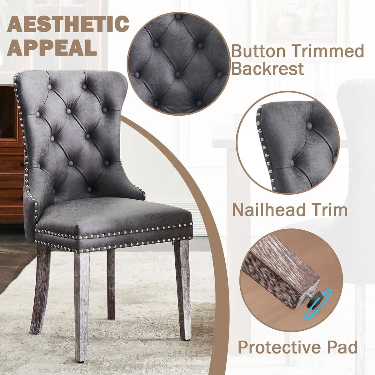 mid century modern dining chairs, gray, set of, close-up detail