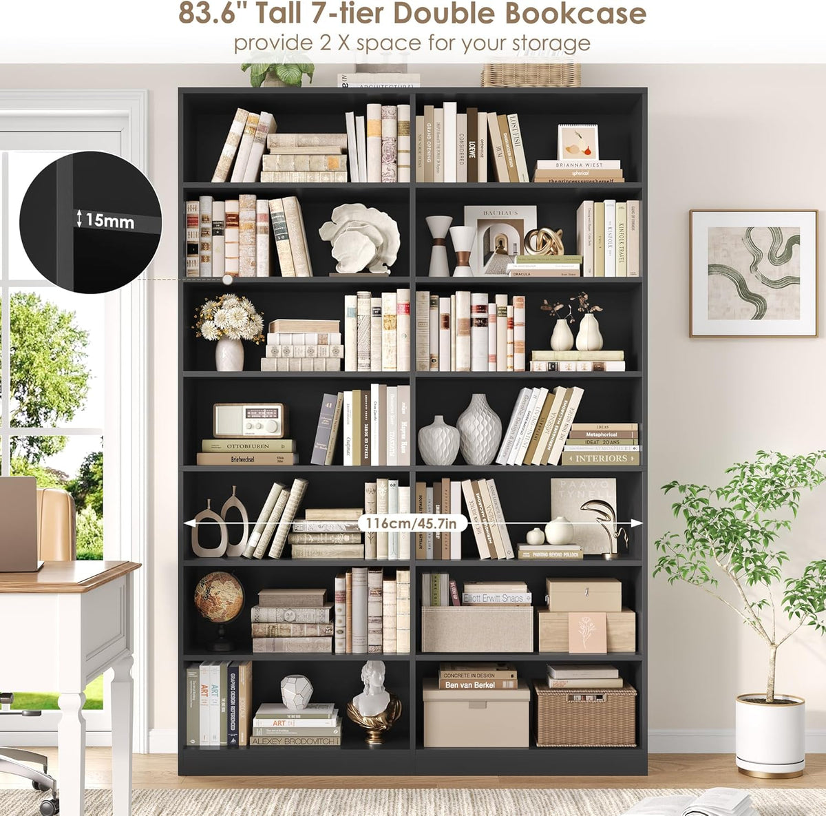 FACBOTALL 83.7" Tall Bookshelf and Bookcase,7-Tier Double Bookshelves Black